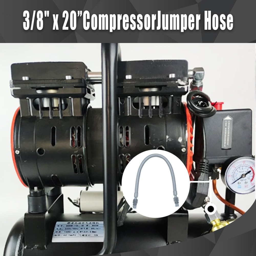 20" Length Stainless Steel Compressor Jumper Hose - 3/8" NPT Male Connection Options, Rated for 750°F/450 PSI, with Rotating Fittings and Flexible All-Metal Construction