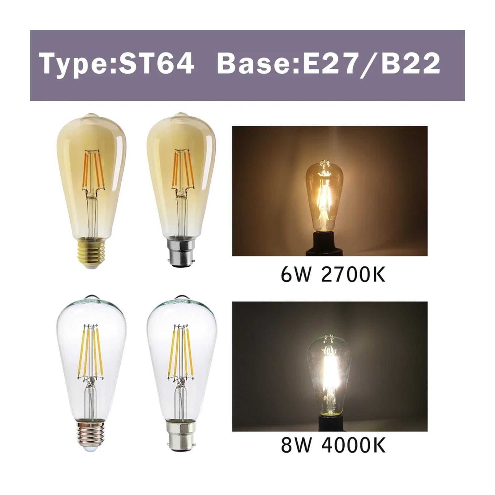 10 Bombillas LED Retro E27 E14 B22 de 220 V, filamento LED for el hogar, G45, A60, ST64, G80, G95, 2700 K, 4000 K.(A60 E27 4000K)