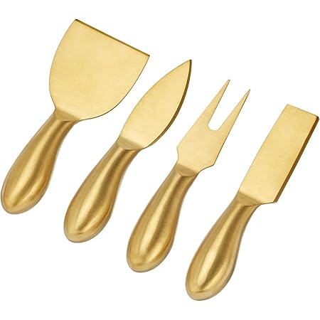 mDesign Mini 4-Piece Cheese Knife Charcuterie Board Set - Formaggio Spreading Utensils with Steel Handles - Cheese Slicer, Thin Cutter, Heart Knife, and Serving Fork - Soft Brass
