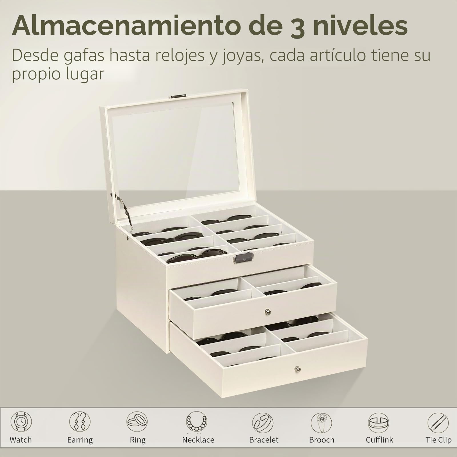 AUTOARK Tapa transparente de cuero,24 piezas,Almacenamiento para gafas y gafas de sol,Organizador con cerradura,Beige,MKAW047