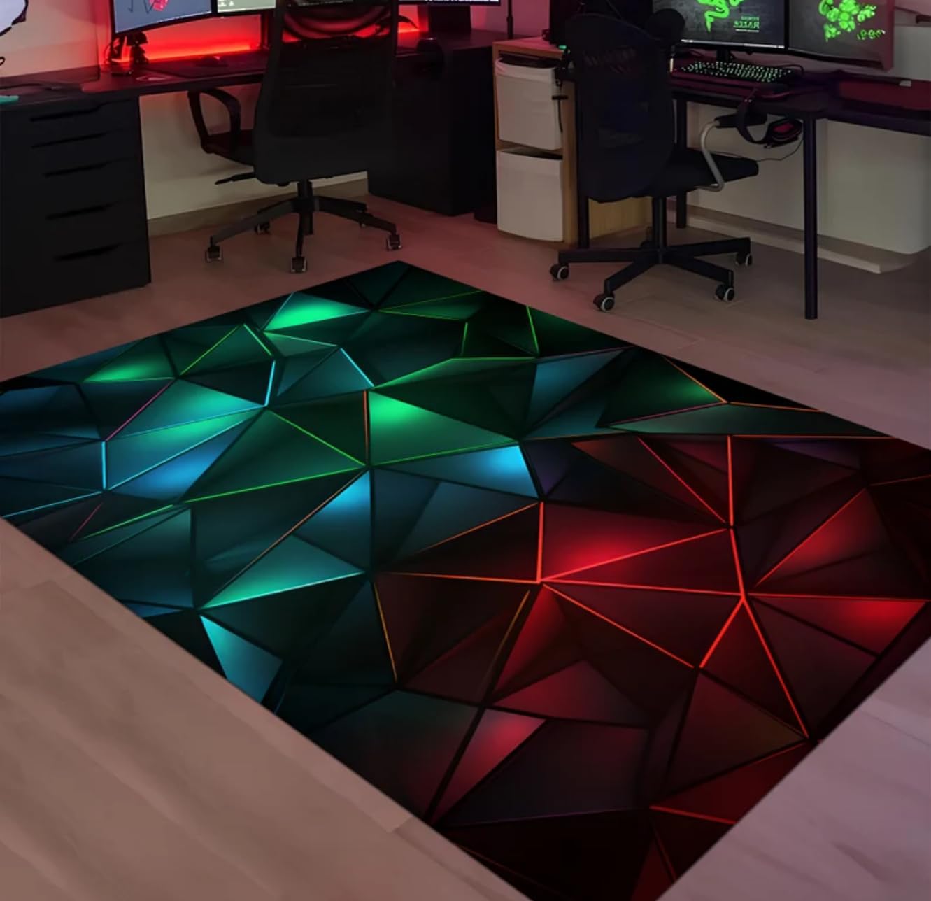 Gaming Teppiche, 3D Vision Geometrie Neon Spiele Bereich Teppich für Jungen Teenager, Gamer Teppich für Kinderzimmer, Rutschfest Teppich Geeignet Für Schlafzimmer E-Sport Zimmer, 160x200 cm, Rot Grün