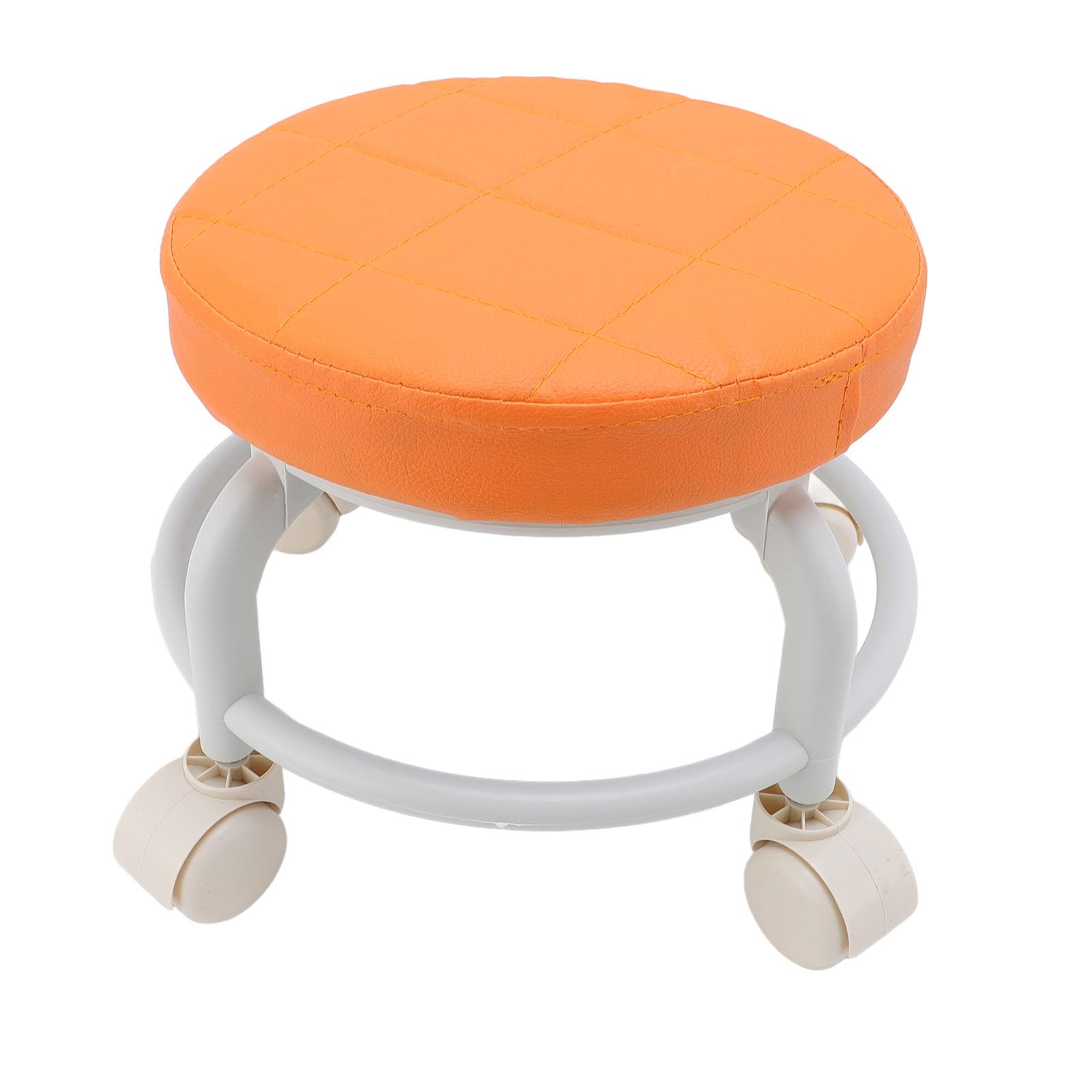 Sgabello Basso con Rotelle, Arancione Rotondo PU Imbottitura Morbida Girevole a 360 Gradi Sgabello Basso con Ruote, Sgabello Garage con Rotelle per Casa Negozio di Garage