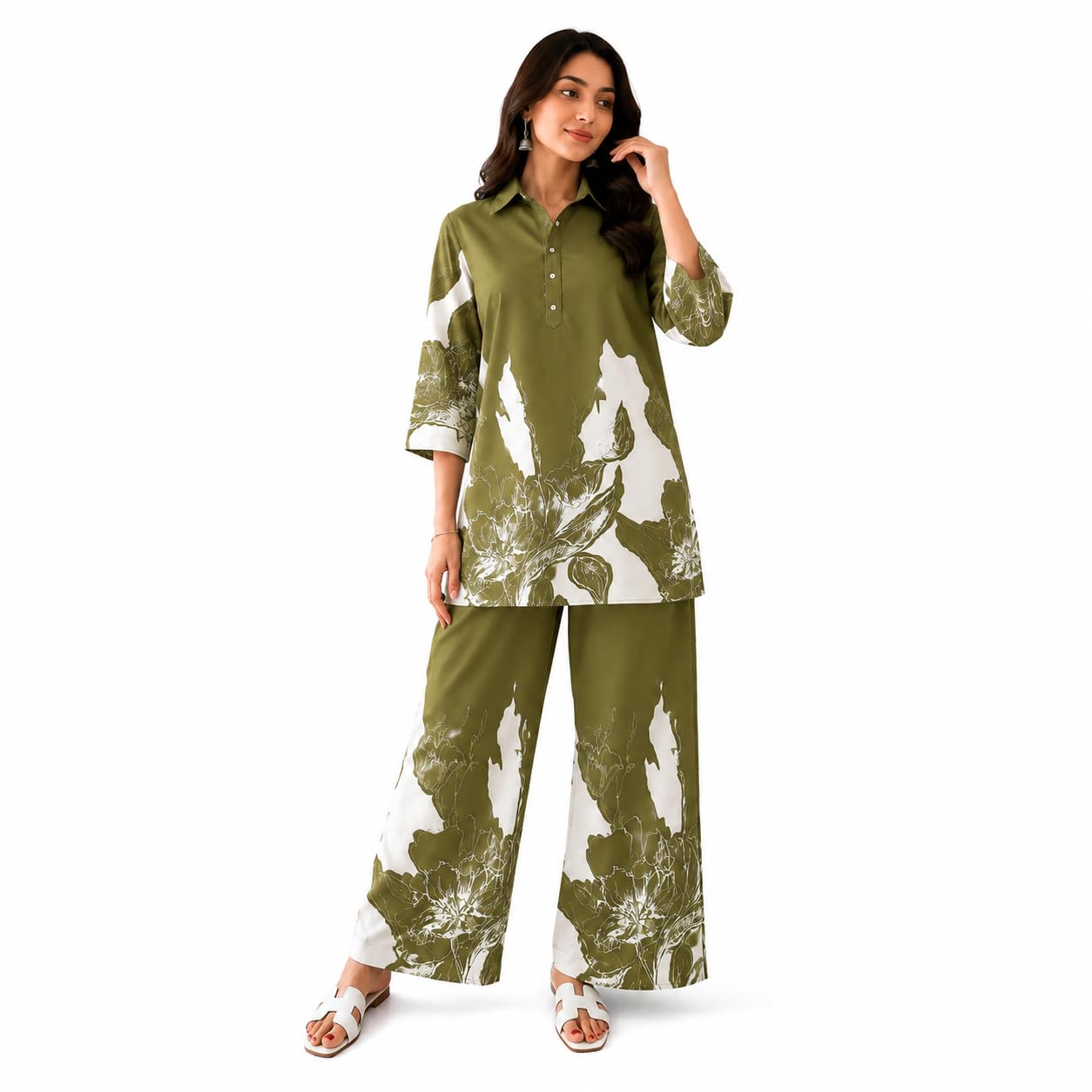 A.S Creation Women's Olive Green Floral Printed Co-Ord Set | Shirt Collar Top with Wide Leg Pants | Casual Two Piece Outfit | Daily Wear, Office, Travel & Vacation-image-48