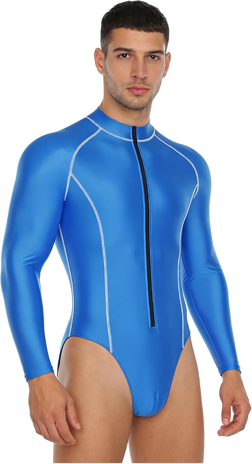 CHICTRY Men's Glossy Mock Neck Bodysuit Long Sleeve Front Zipper Leotard Rash Guard for Surfing