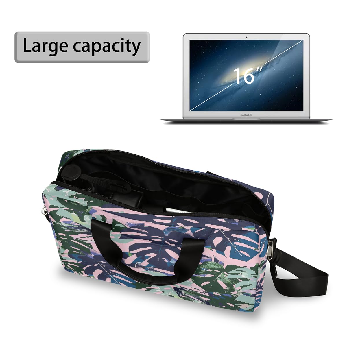Borsa per laptop 15.6 16 Pollice Camouflage Foglie di Palma Custodia per Laptop Impermeabile Borsa Messenger a Tracolla per Donne Uomini, Nero