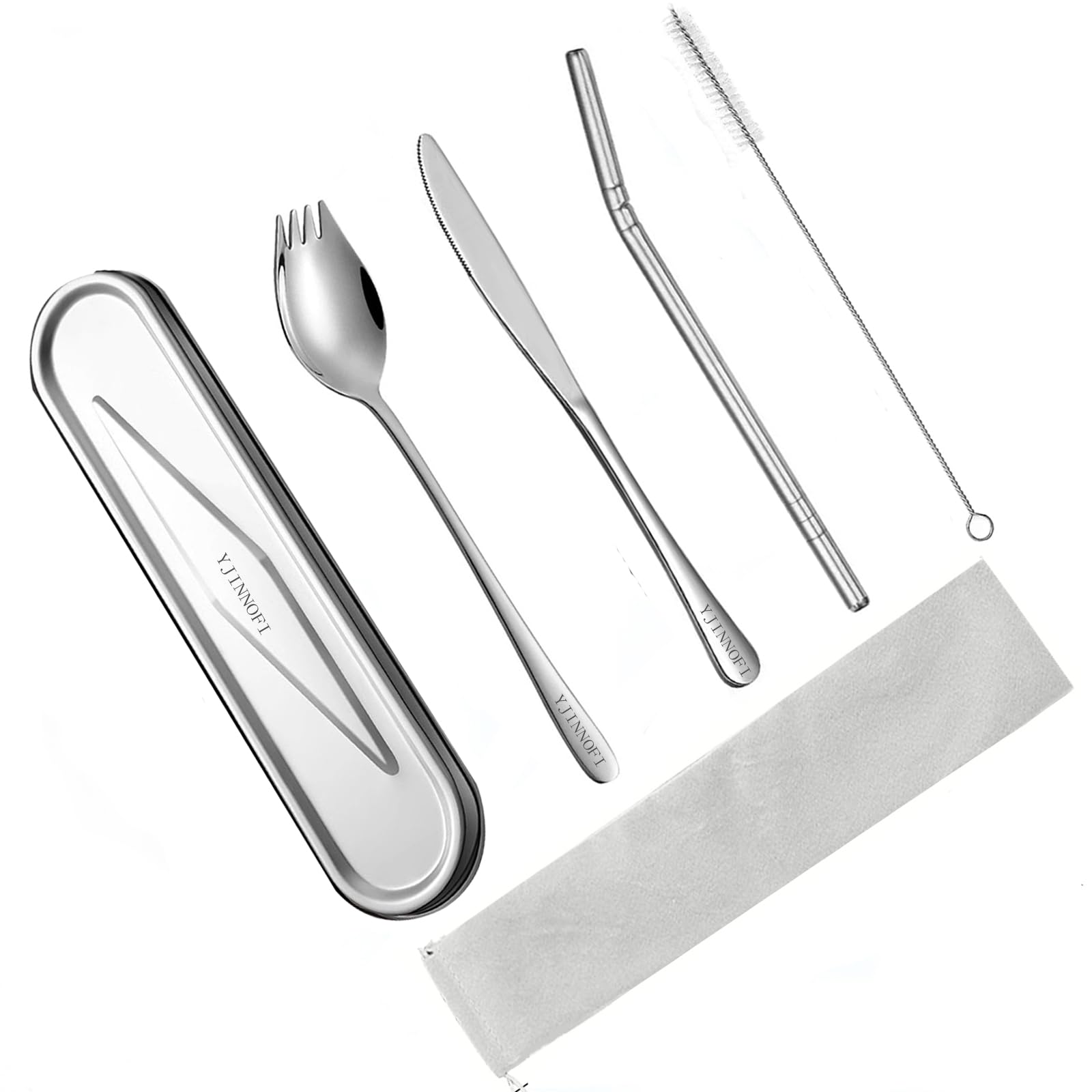 YJINNOFI Travel Utensils Set with Case, 6-Piece 18/8 Stainless Steel Cutlery Set | Silent & Dishwasher Safe, Portable for Camping, Office, Home
