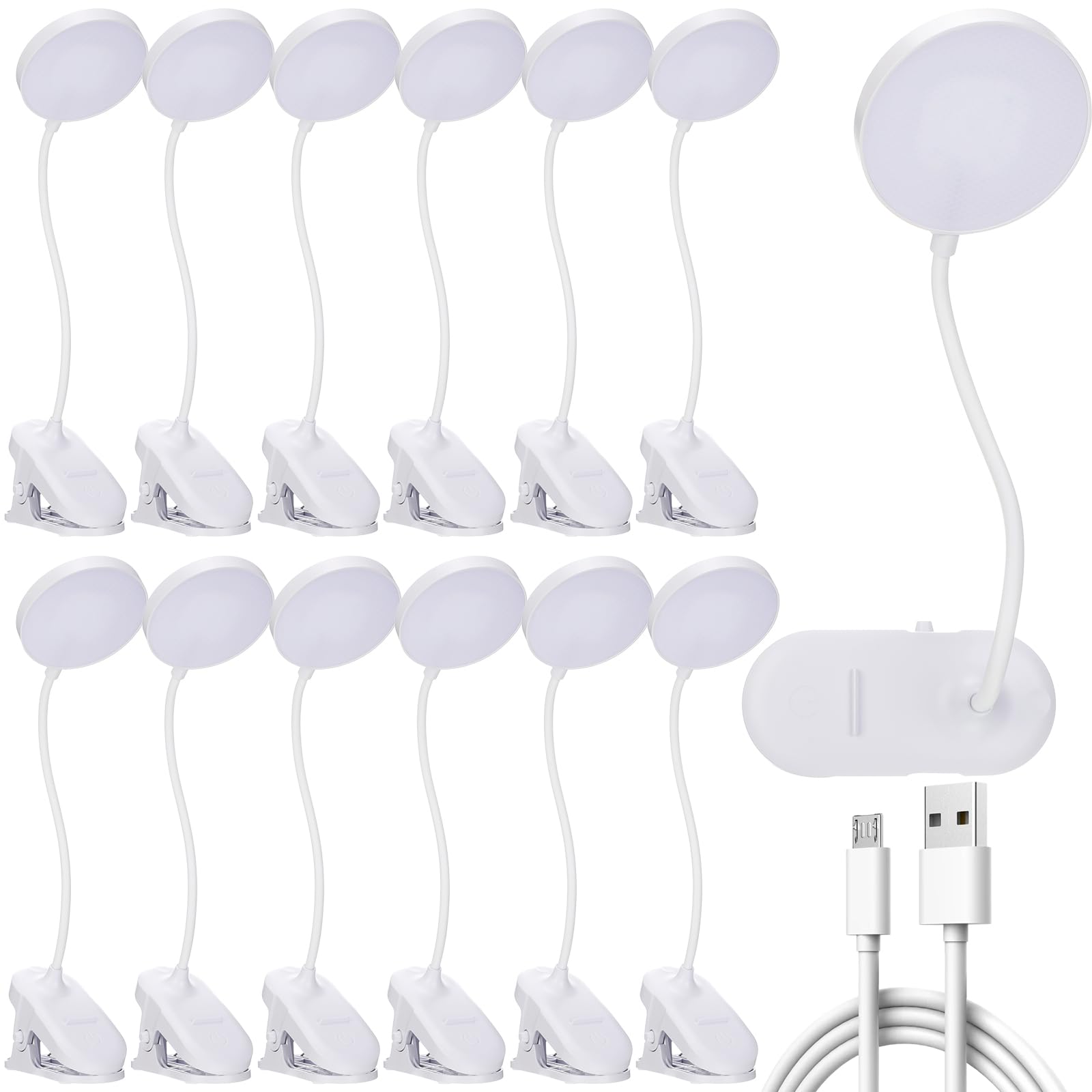 Retisee 12 Pcs Clip on Lamp Bulk LED Reading Light Book Lamp Clamp for Bed with 3 Brightness Level Night Light Clip on for Desk, Bed Headboard, USB Plug-in Style