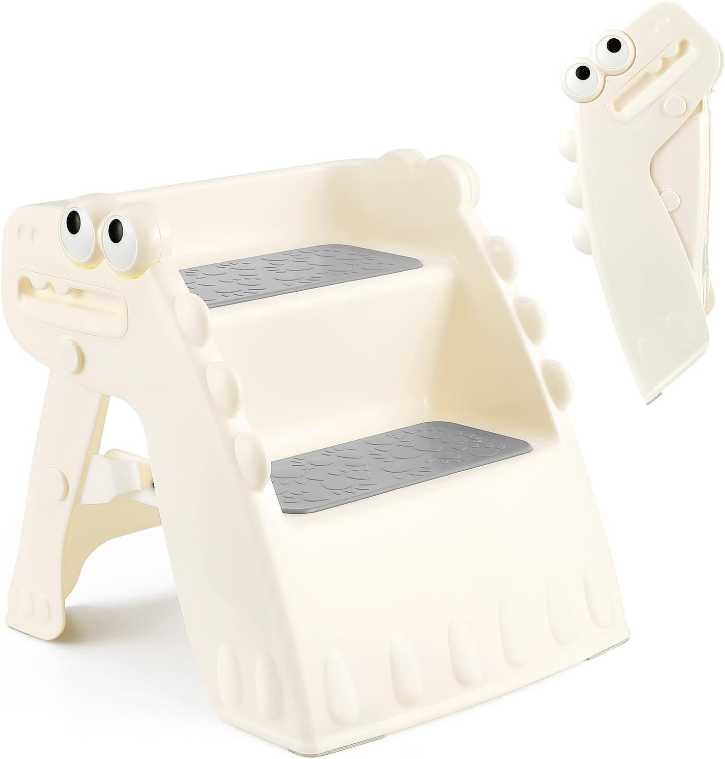 Toddler Step Stool Foldable Kids Step Stool with Non-Slip, 2 Step Toddler Stool, Toilet Step for Bathroom Kitchen Counter with Cute Dinosaur Design (1.white)