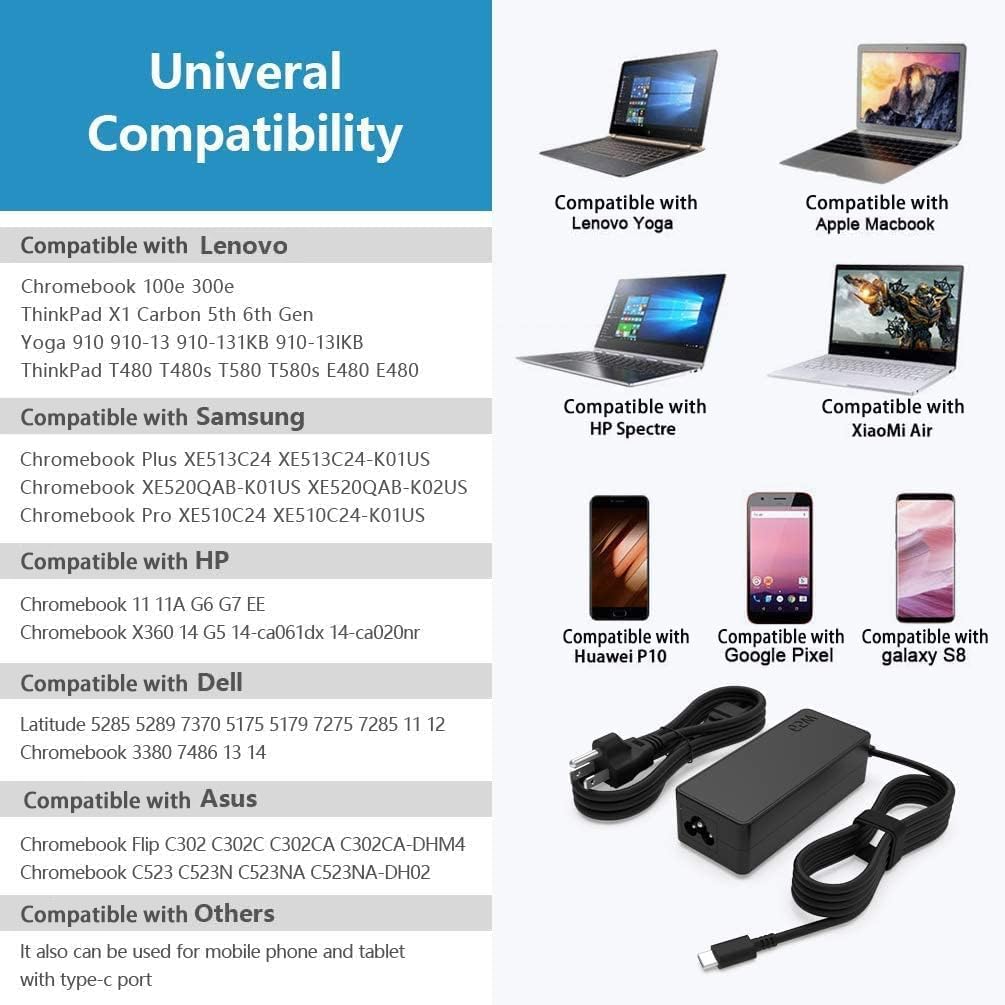 Universal USB Type C 65W 45W Laptop Charger Compatible with Lenovo, Dell, Hp, Acer, chromebook, Asus, Samsung, Sony Computer