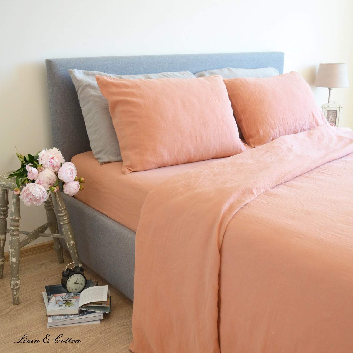 LINEN & COTTON Set Copripiumino/Biancheria da Letto in Lino Lavato (Stonewashed), (200 x 200cm) Matrimoniale, Corallo