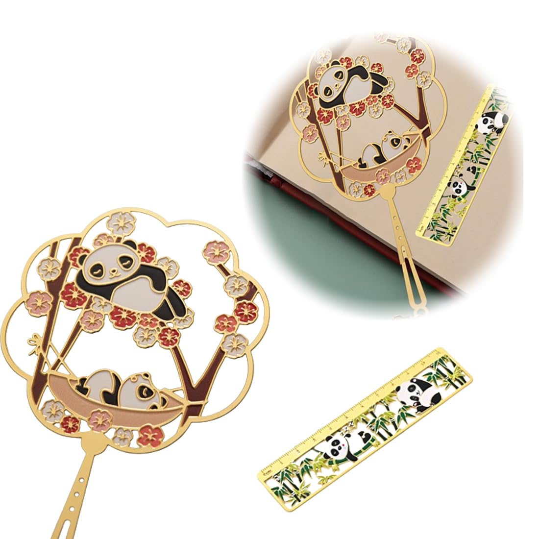 WHYCNJL 1 Juego de Marcapáginas Personalizado Incluye Marcapáginas y Regla con Motivo de Panda Durmiente, Marcapáginas de Latón, Marcapáginas con Motivo de Panda Hueco y Regla