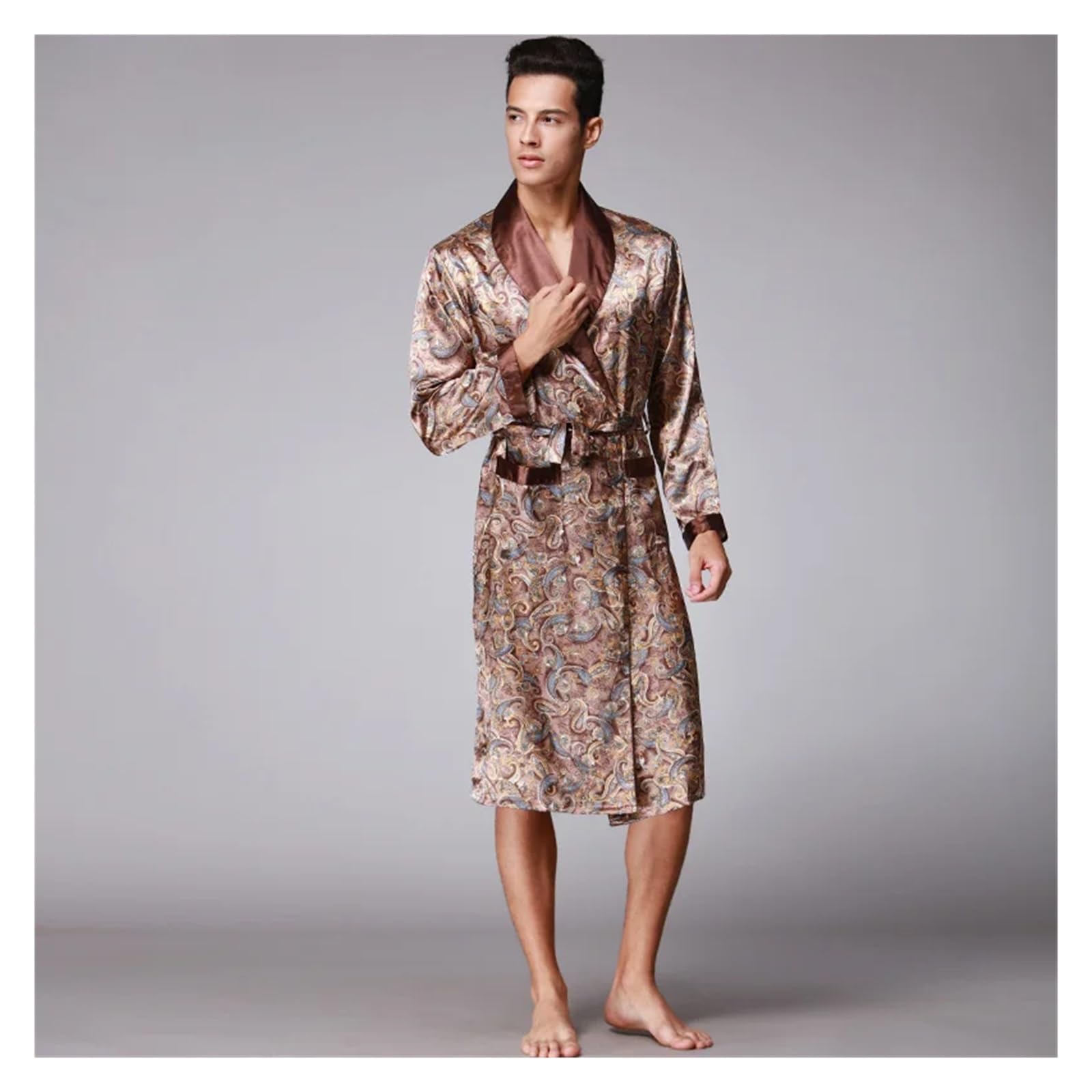Bata Hombre Seda, Ropa De Dormir De Seda Satinada, Bata De Baño De Verano, Pijama De Manga Larga, Bata De Dormir, Pijama Sleepwar Hombre para SPA (Coffee, XXL)