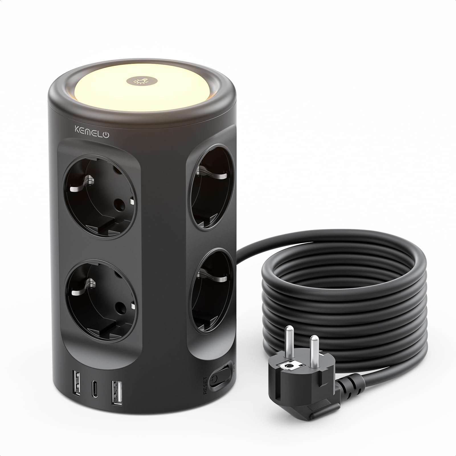 Torre Regletas Enchufes, Regleta USB 8 Tomas de AC y 3 USB, 2M Torre Enchufes Vertical con luz Nocturna y Interruptor,Regleta Enchufes Proteccion Sobretension, Enchufe Multiple para Mesa, Oficia, Casa — view 9