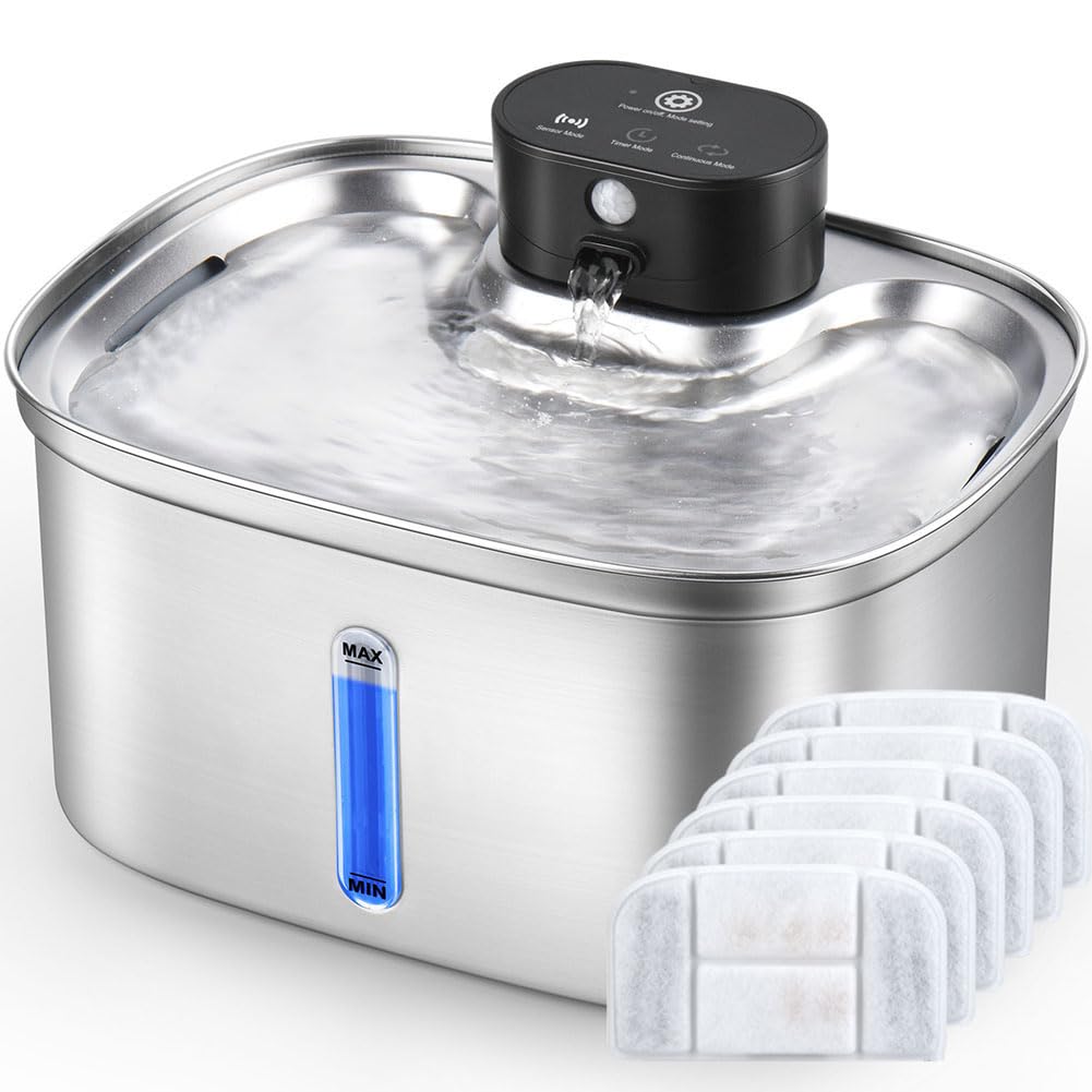 Wireless Cat Water Fountain Stainless Steel, 5L/169oz Automatic Pet Water Dispenser with 5000mAh Battery, 3 Modes (Sensor/Timer/Continuous), Ultra Quiet Pump & 6 Replacement Filters for Cats & Dogs