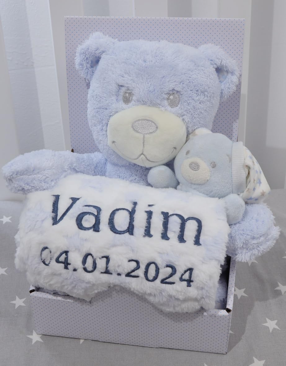 BotoBaby Maxi Geschenk-Set Babydecke mit Namen und Datum Bestickt + Plüschtier + Schmusetuch 3-Teiliges Set