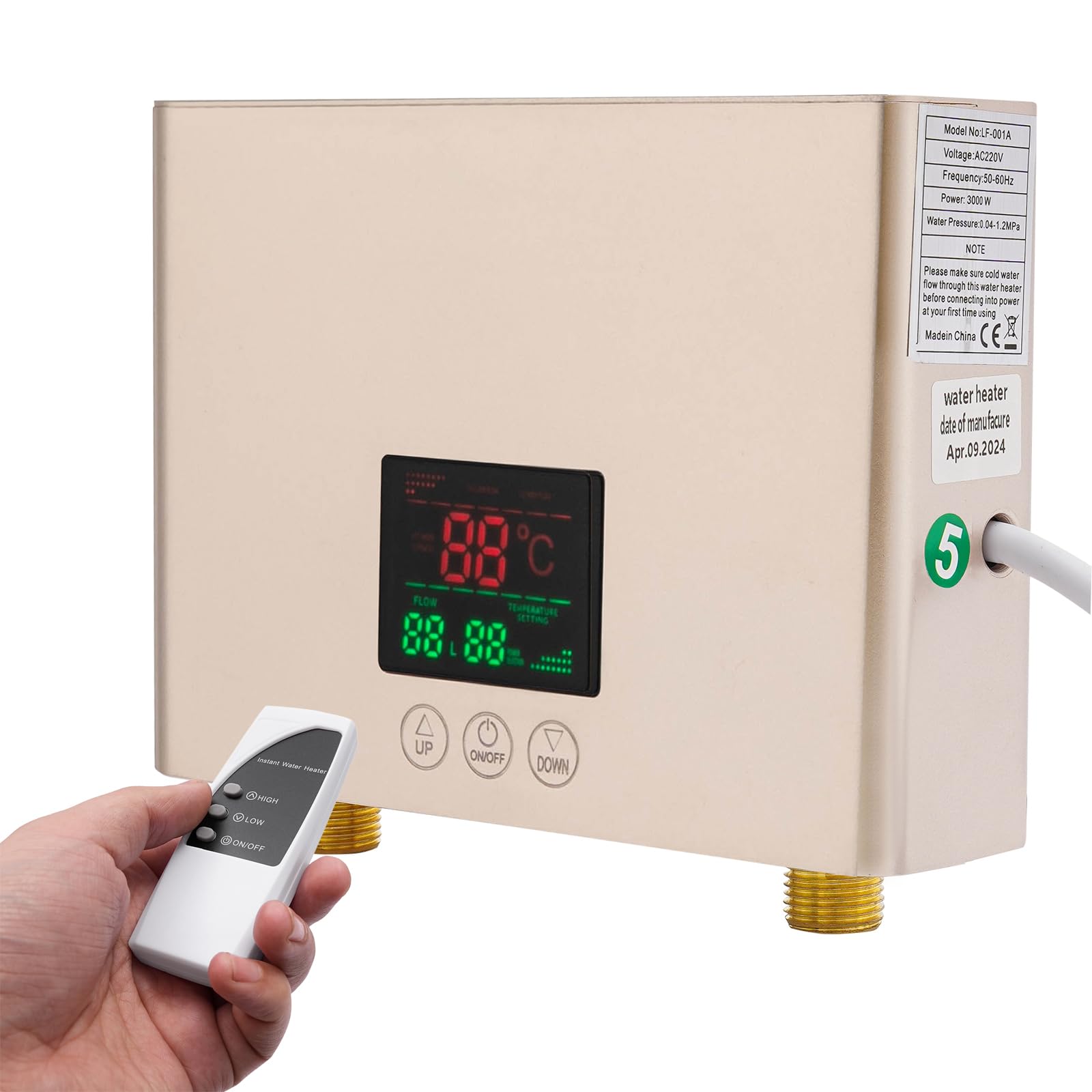Mini calentador de agua eléctrico para lavabo, 3000 W, 220 V, pequeño calentador de agua de cocina, IPX4, con indicador de temperatura LED y mando a distancia, 21 x 15 x 5,5 cm