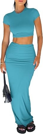 Two Piece Skirt Set for Women 2 PC Y2K Outfits Short Sleeve Crop Tops Bodycon High Waist Long Maxi Skirts