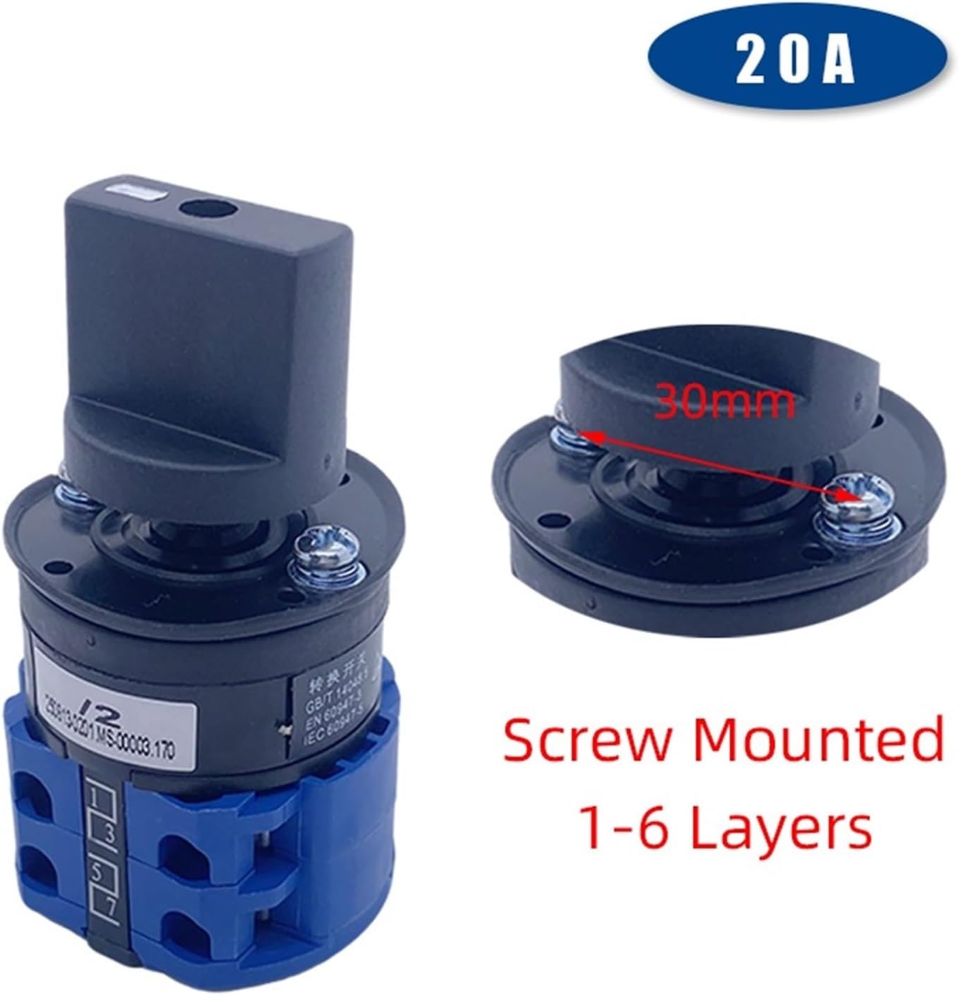 20A Cam Switch Screw Mounting Type Three Positions 1-6 Layers Silver Changeover Rotary Selector LW26-20 LW28 YMW26(1P 4Terminals)