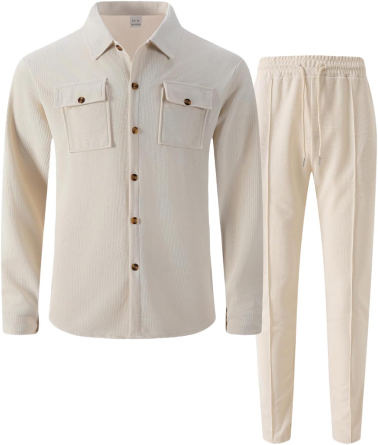 Men's 2 Pieces Waffle Set Long Sleeve Outfit Yoga Button Shirt Casual Long Pants With Pockets Solid Color Outfits