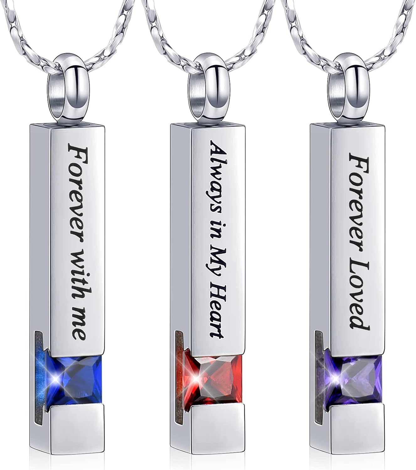 Imrsanl 3 Pack Cremation Jewelry Birthstone Cube Urn Necklace for Ashes, Hollow Crystal Bar Urn Pendant for Human Pet Ashes, Keepsake Ash Jewelry for Women Men