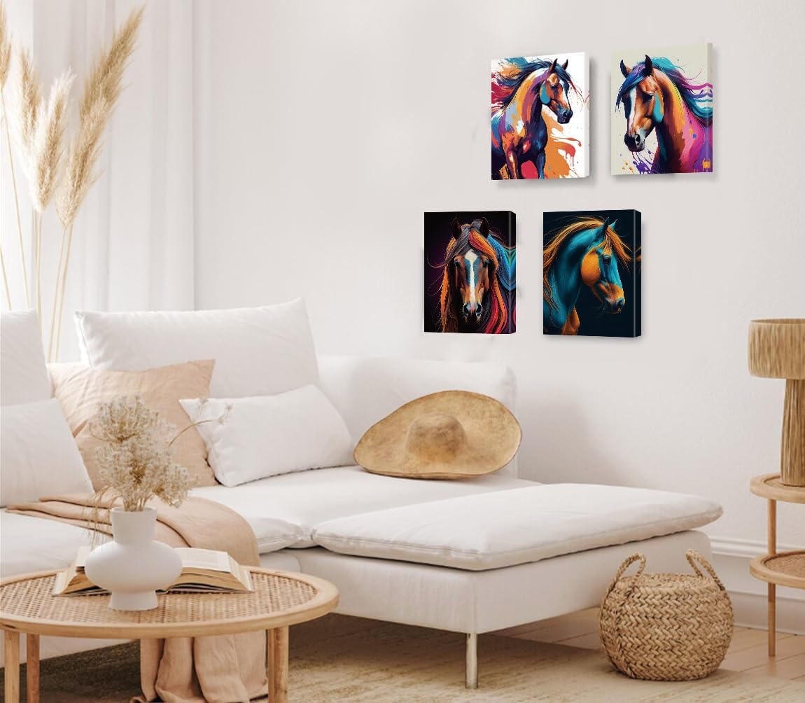 TOCDGOO Set of 4 Wild Horse Art Prints - Rustic Canvas Wall Decor for Home, Bathroom & Bedroom - Framed 8x10 Inch - Watercolor Animal Posters Collection