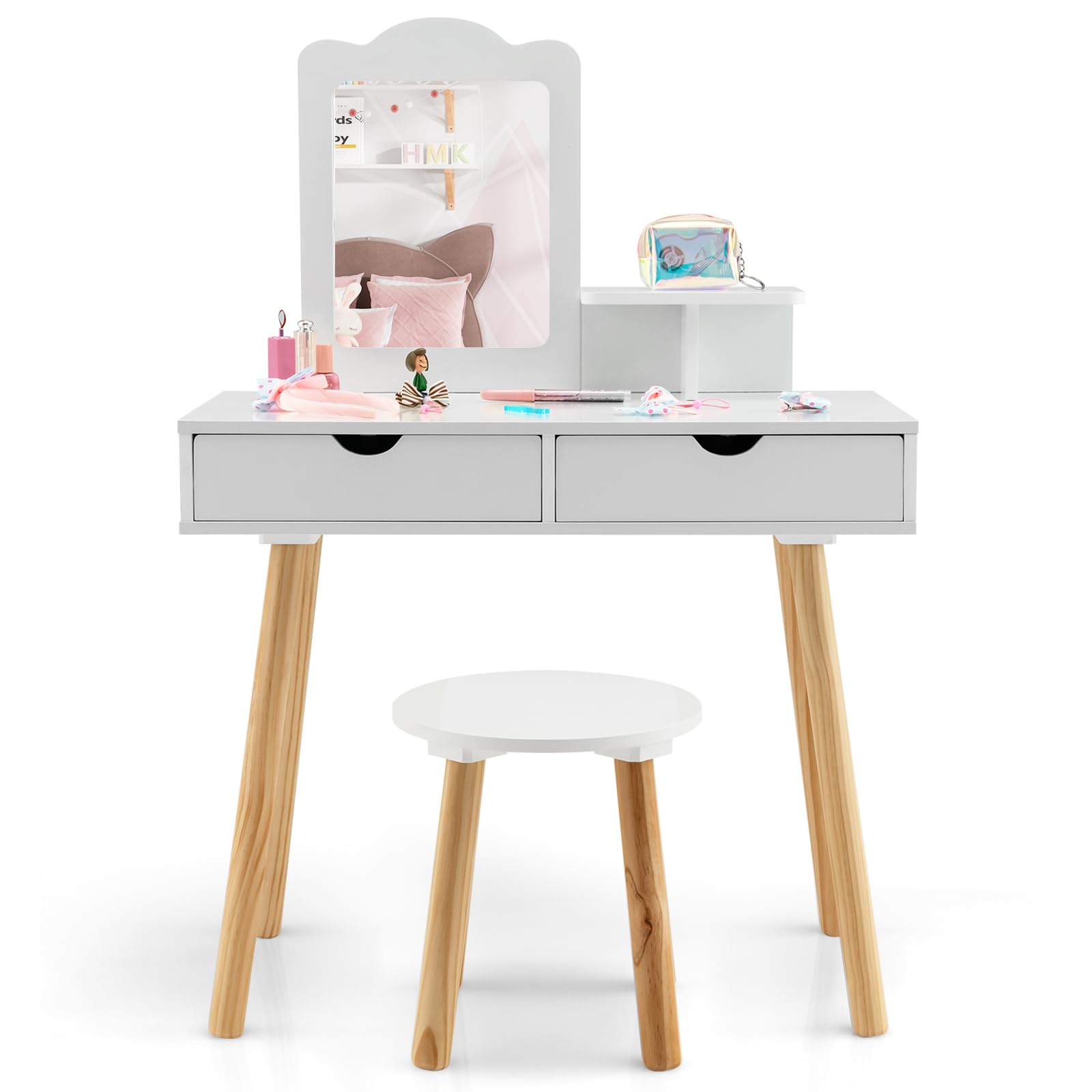 RELAX4LIFE 2 en 1 Tocador de Maquillaje para Niñas 3-7 Años con Taburete, Escritorio/Tocador Niña de MDF con Espejo Extraíble, 2 Cajones y 1 Estante, Mesa Niños Infantil, Carga 20+40kg (Blanco)