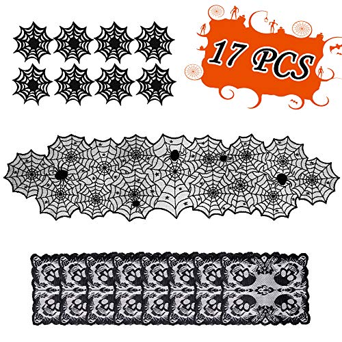 Halloween Table Decorations Set - Spider Web Table Runne Skull Placemats Spiderweb Cup Coasters- Desk Hallowmas Decor Party Supplies
