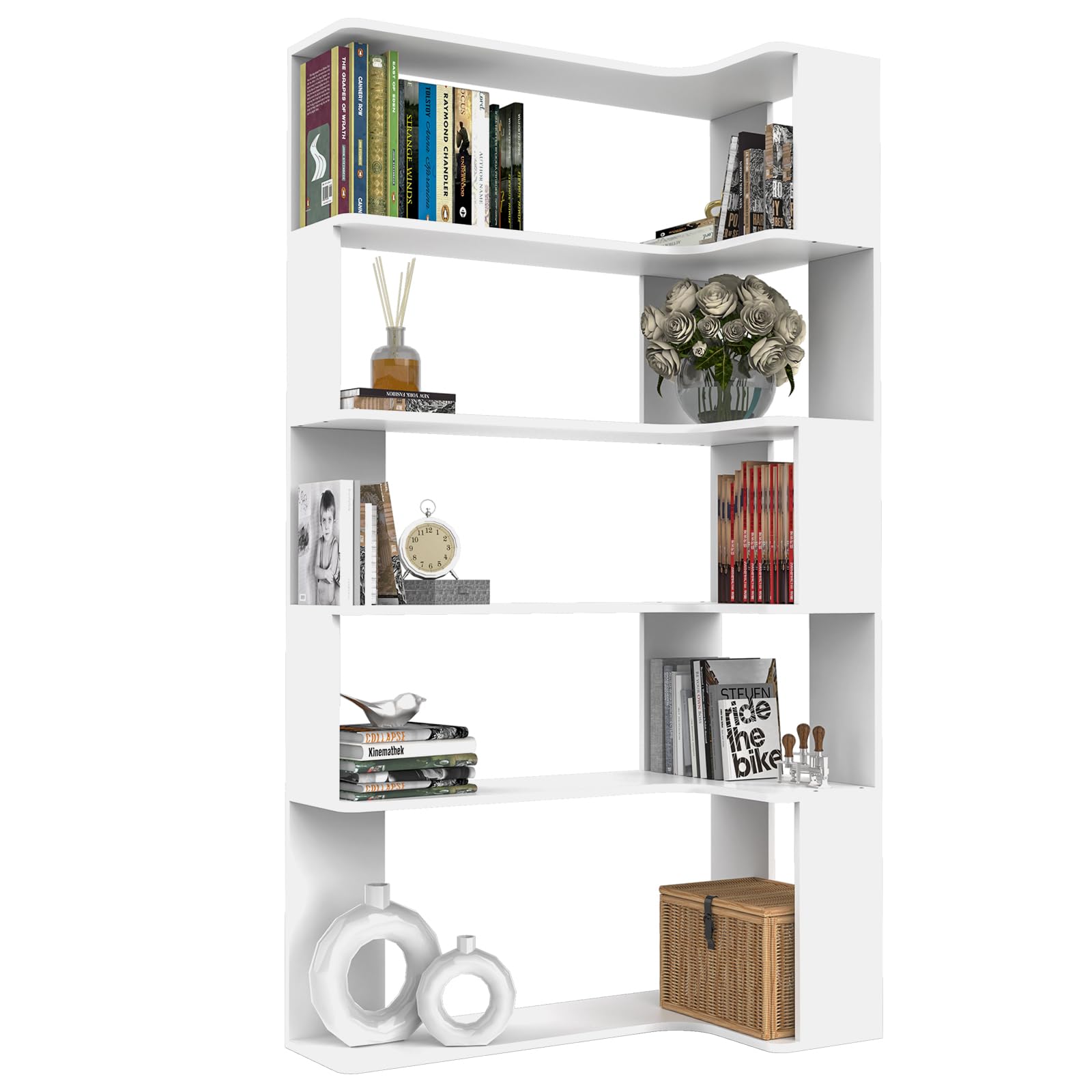 Furnulem Scaffale Angolare 5 Ripiani Con 2 Cassetti – Libreria Alta Stretta, Struttura In Metallo, Bianco 40x27x145cm