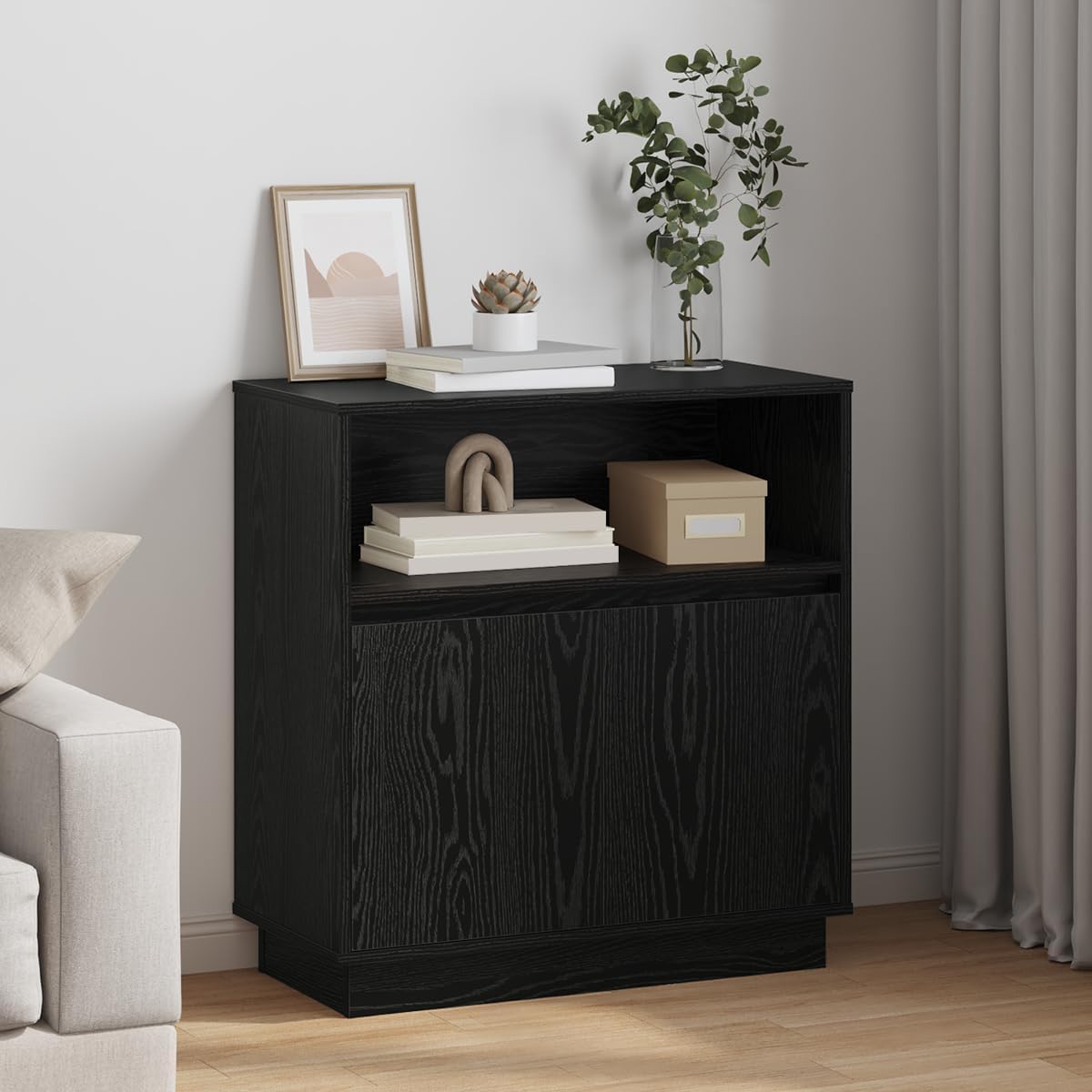 Modern Mobile Bar with LED Light, Black Oak Sideboard with Sliding Door & Adjustable Shelves, 71x34.5x75 cm, Perfect for Dining Room & Living Room Storage