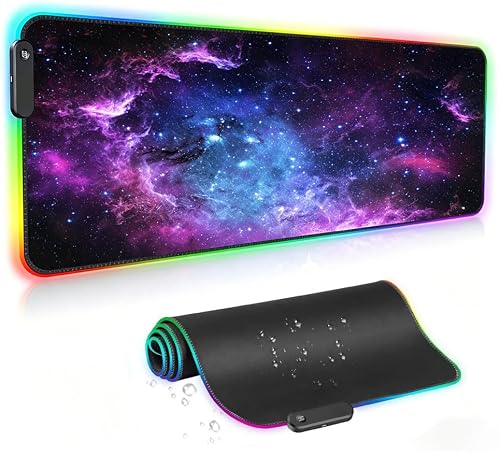 Image of AILRINNI RGB Gaming Mouse Mat Pad, 35.4 * 15.7 Inch LED Glowing Keyboard Mouse Pad with 12 Light Modes Non-Slip Rubber and Waterproof Surface Large Extended Mouse Mat for Gaming PC Laptop Desk Galaxy