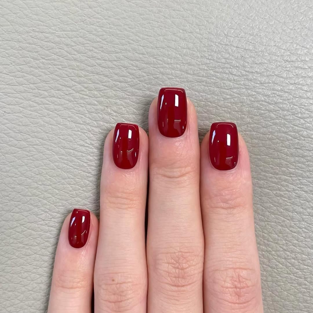 Set of 14 Pc, Cherry Red Press-On Nails, Glossy Square Shape, short Length with Free Glue Kit-image-23