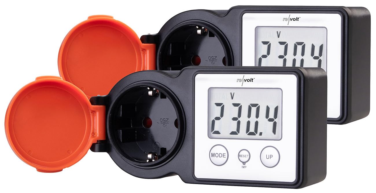 revolt Strommessgerät Steckdose: 2er-Set Outdoor-Energiekostenmesser & Stromverbrauchszähler, 3.680 W (Stromzähler Steckdose außen, Watt Messgerät, Solar Lichterkette)