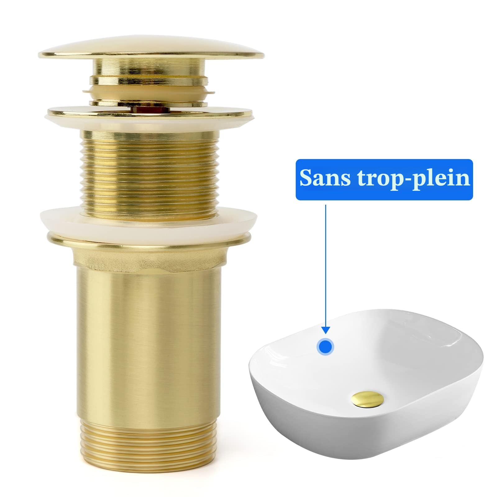 Bonde universel sans trop-plein en laiton massif pour lavabo et évier, or brossé