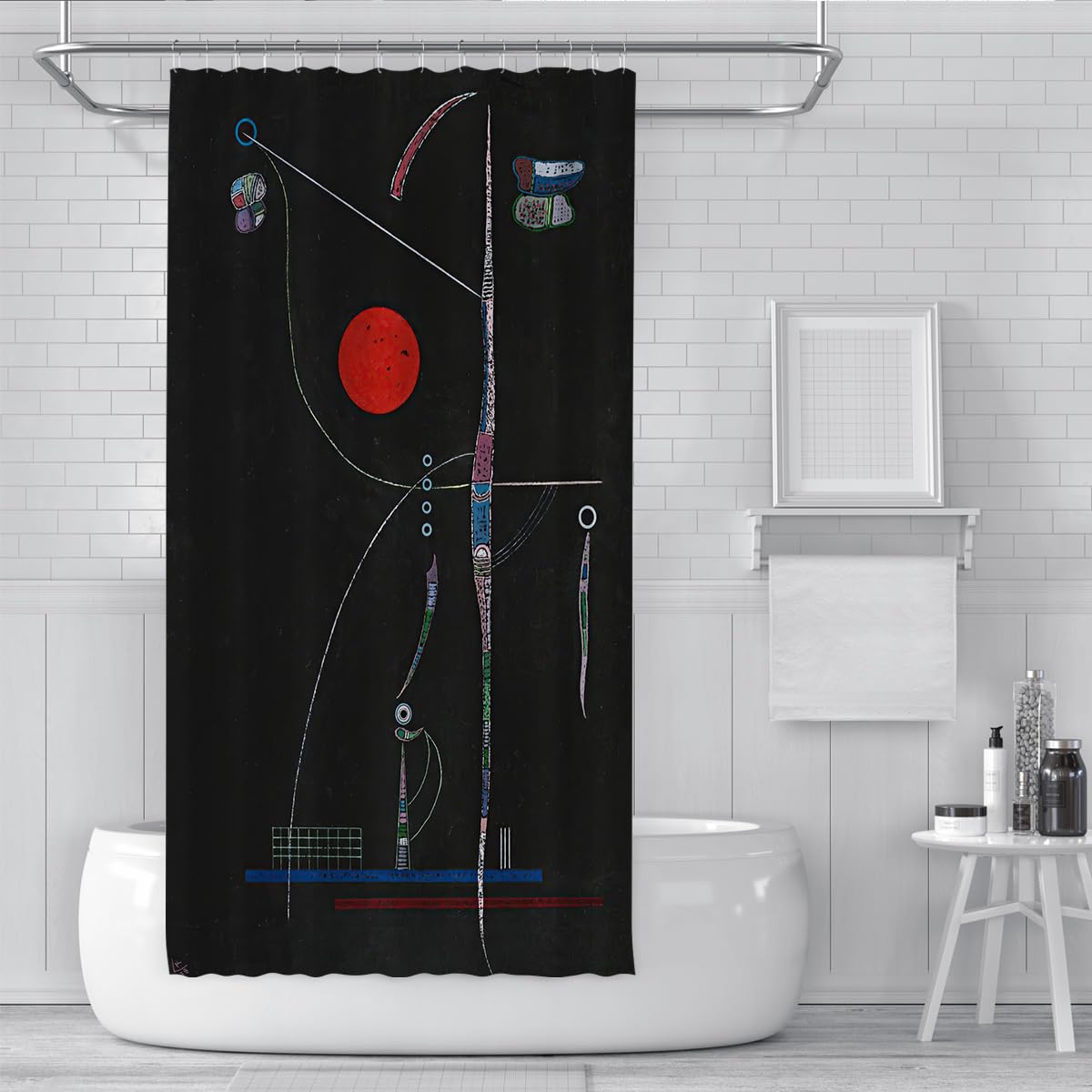 Abstrakte Kunst Duschvorhang Einfache geometrische Designs Berühmte Malerei Drucken Badezimmervorhänge für die Badewanne Dekor Schwarzer Hintergrund 180 x 180 cm