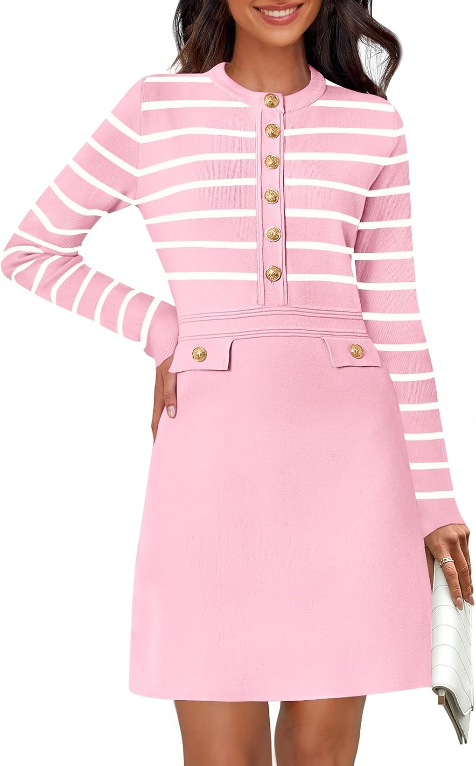 MEROKEETY Women's Long Sleeve Striped Sweater Dress Button Crewneck Fall Bodycon Formal Mini Dresses Light Pink X-Large