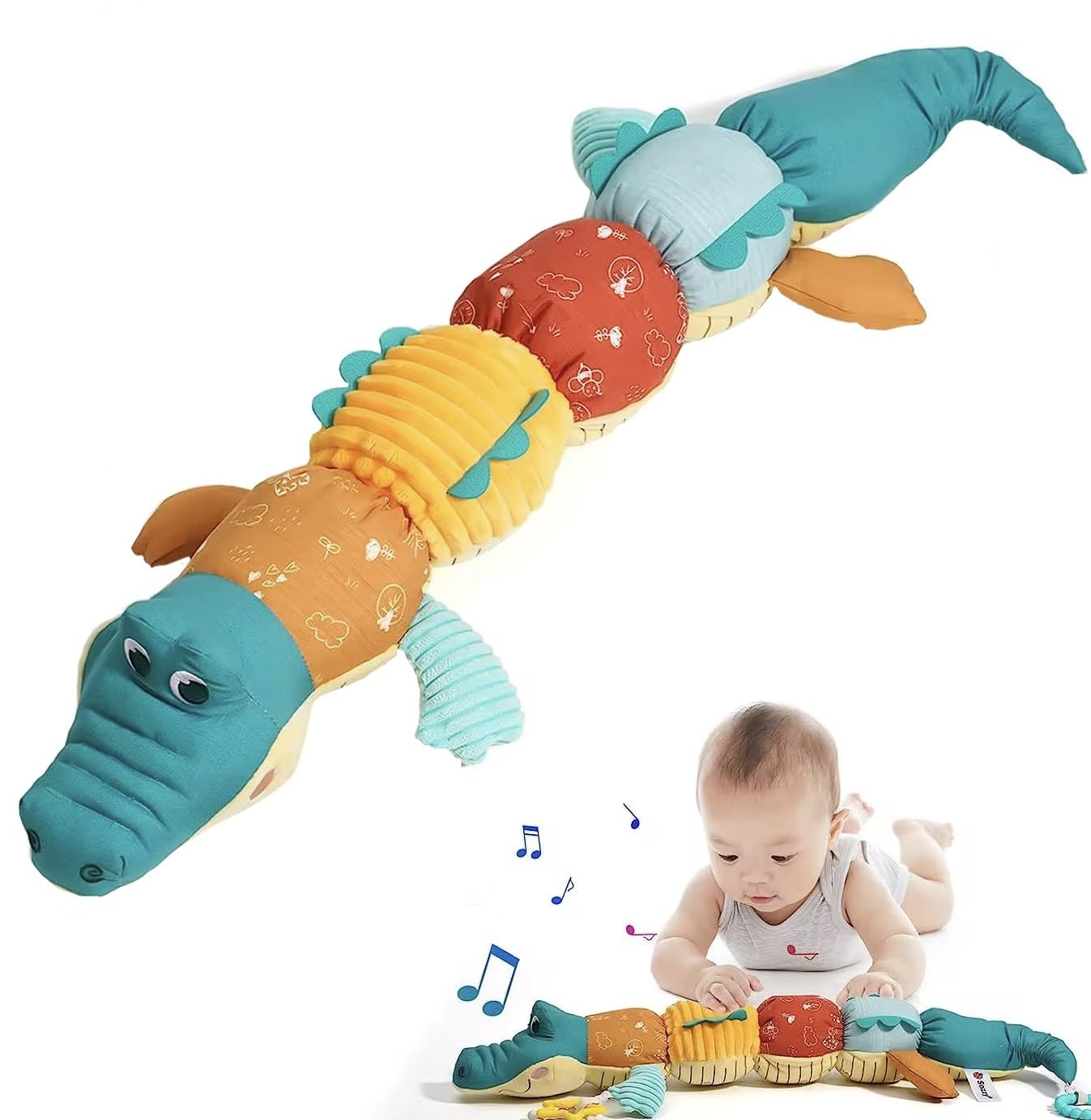 Jinglers All in One Musical Crocodile Toy for 6 Month Old Baby, Soft Sensory Plush with Crinkle, Rattle, Squeeky and Hight Measurement, Fine Motor Skill Development, Tummy Time Infant Toy for 6 to 12 Months, Newborn Gift (65cm)