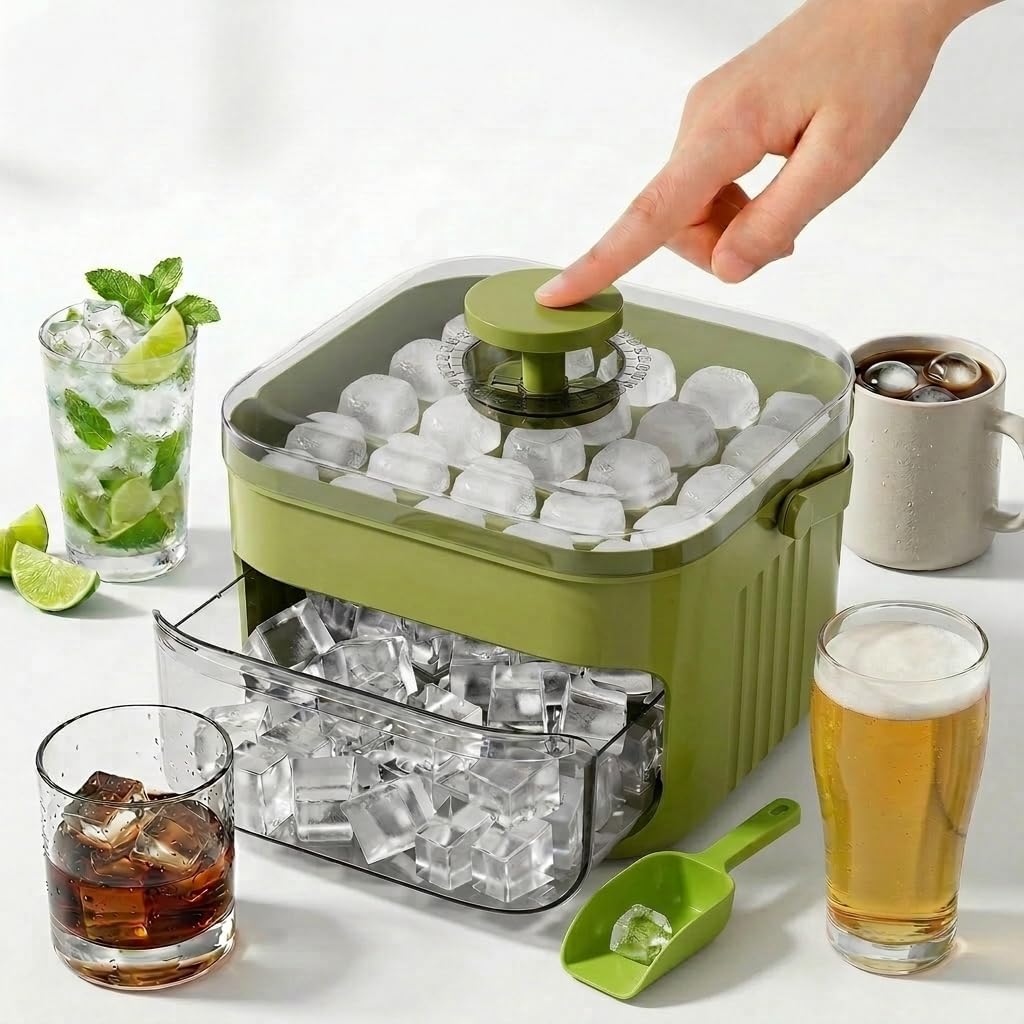 Ice Cube Tray with Lid & Bin for Freezer, Ice maker set includes ice bucket and ice scoop, Ice Molds for Whiskey, Cocktail, Coffee, Beer, Kitchen Gadgets Tools, green