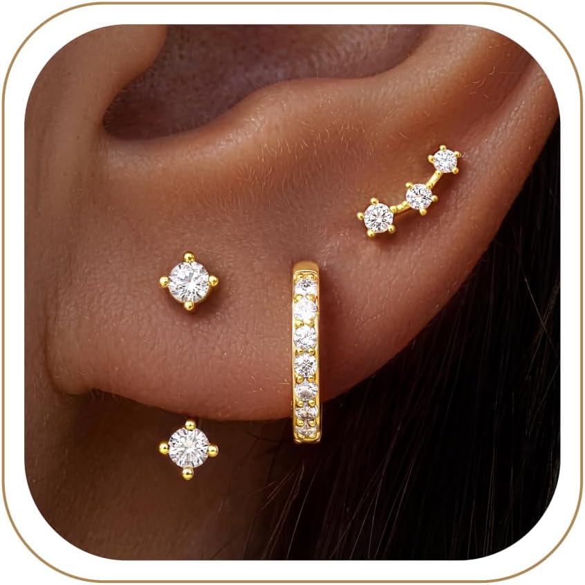 3 Pairs Dainty Small Earrings Set for Women Trendy, Birthstone Stud Huggie Hoop Jacket Stack for Cartilage Helix, Gold Plated Hypoallergenic Cute Women Fashion Accessories Western Jewelry Gifts