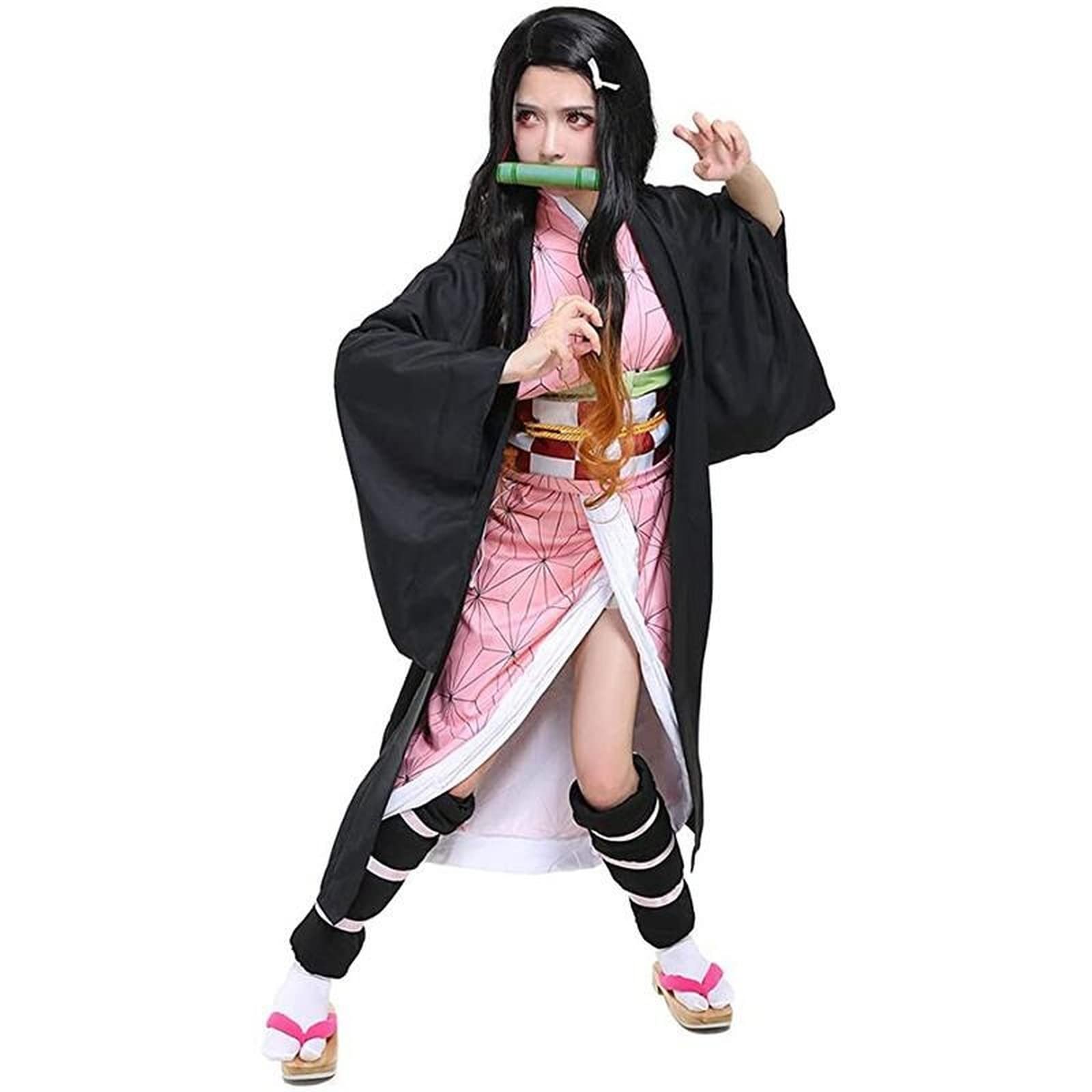 JHLL Nezuko Cosplay Costume Set with Wig,Demon Slayer Nezuko Wig and Kimono Outfit Uniform Suit, Kimetsu no Yaiba Cosplay Costume Uniform Full Set for Adults and Kids (Adult+wig,M)