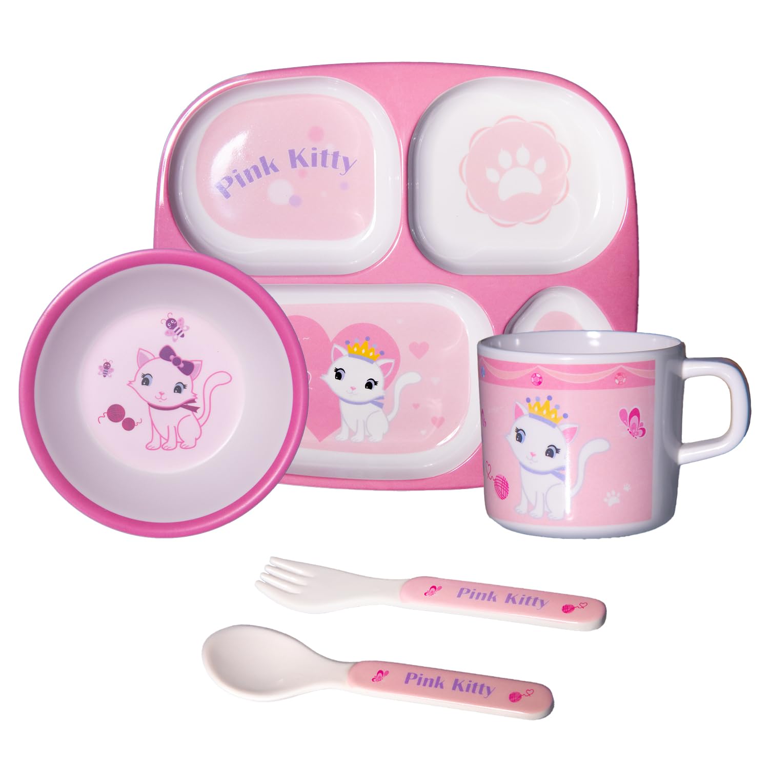 5-Piece Kids Melamine Dinnerware Set – Plate, Bowl, Cup, Fork & Spoon – BPA-Free, Durable & Lightweight Cartoon Set for Toddlers (Little Pink Cat)