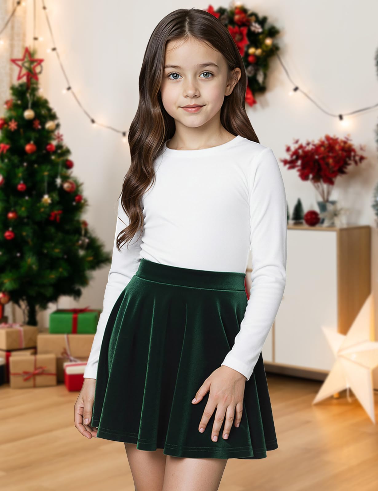 Spring&Gege Samt Skater Rock für Mädchen, Basic Solid Stretch Rock Knielang Schuluniform Minirock Mädchen Kleider Winter Outwear