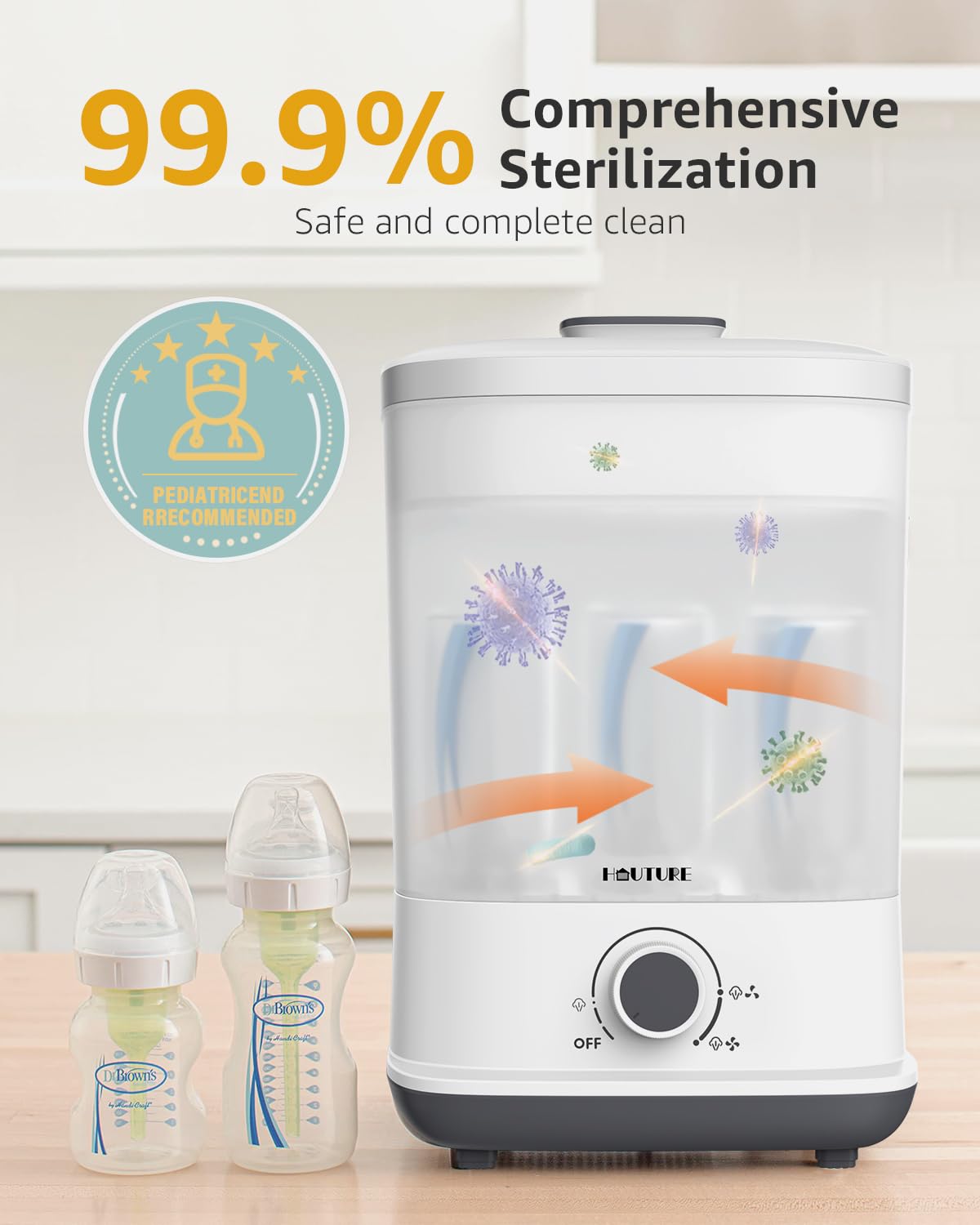 HAUTURE - Esterilizador de biberones y secadora, esterilizador de biberones, desinfectante eléctrico de botella de vapor con control de un solo dial para cosas de bebé, biberones y accesorios para