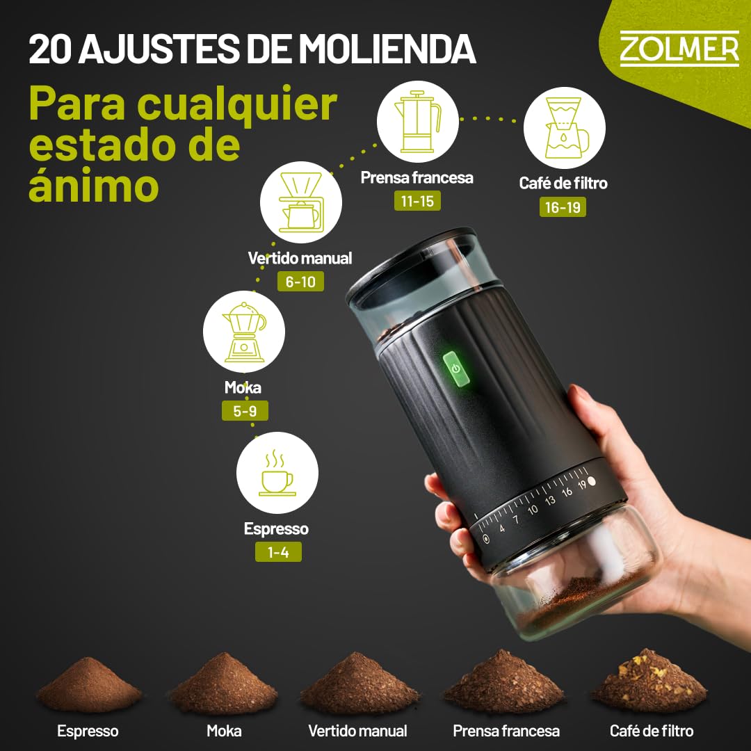 Molinillo de café eléctrico con mecanismo cónico, amoladora eléctrica recargable por USB, 15 niveles de molienda infinitamente ajustable, molinillo de café expreso y molinillo de especias