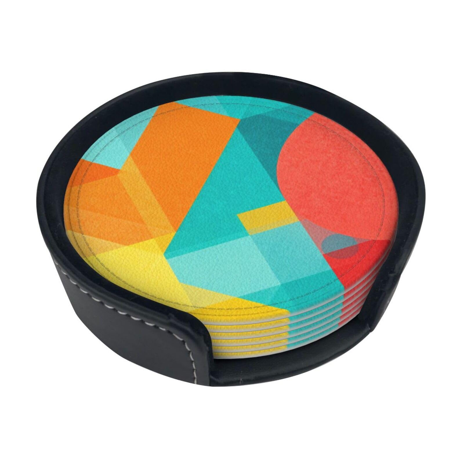 Geometric color blocks Leather Coasters-Set of 6 with Storage Holder
