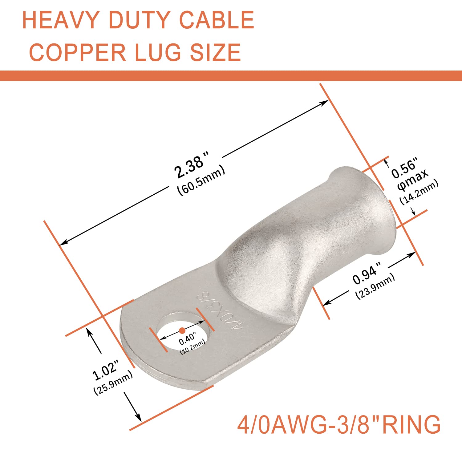 Lot de 10 cosses de câble de batterie en cuivre étamé 4/0 AWG - Œillets tubulaires en cuivre nu - Connecteurs de fils de qualité marine (4/0 AWG - Anneau de 9,5 mm)