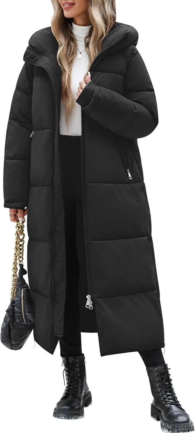 Jyanl Womens Long Winter Puffer Coat Quilted Jackets Warm Hooded Coat Maxi Length Parka Down Thick Outerwear Side Zip Slit