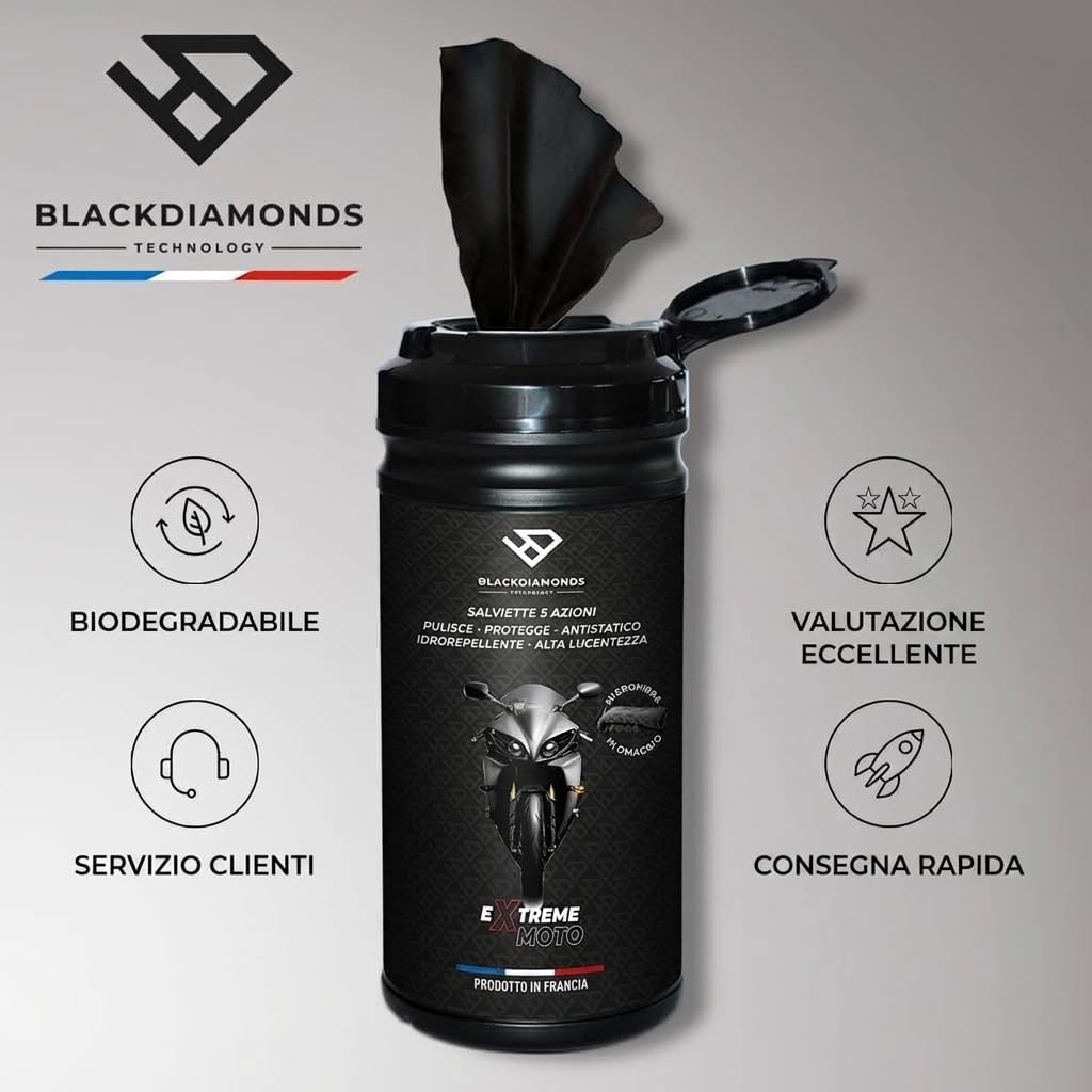 BlackDiamonds - Salviette Detergenti Per Moto - 5 Azioni - Puliscono, Proteggono, Antistatiche, Idrorepellenti E Massima Lucentezza - Biodegradabile - Senza Acqua Né Risciacquo - 80 Salviette