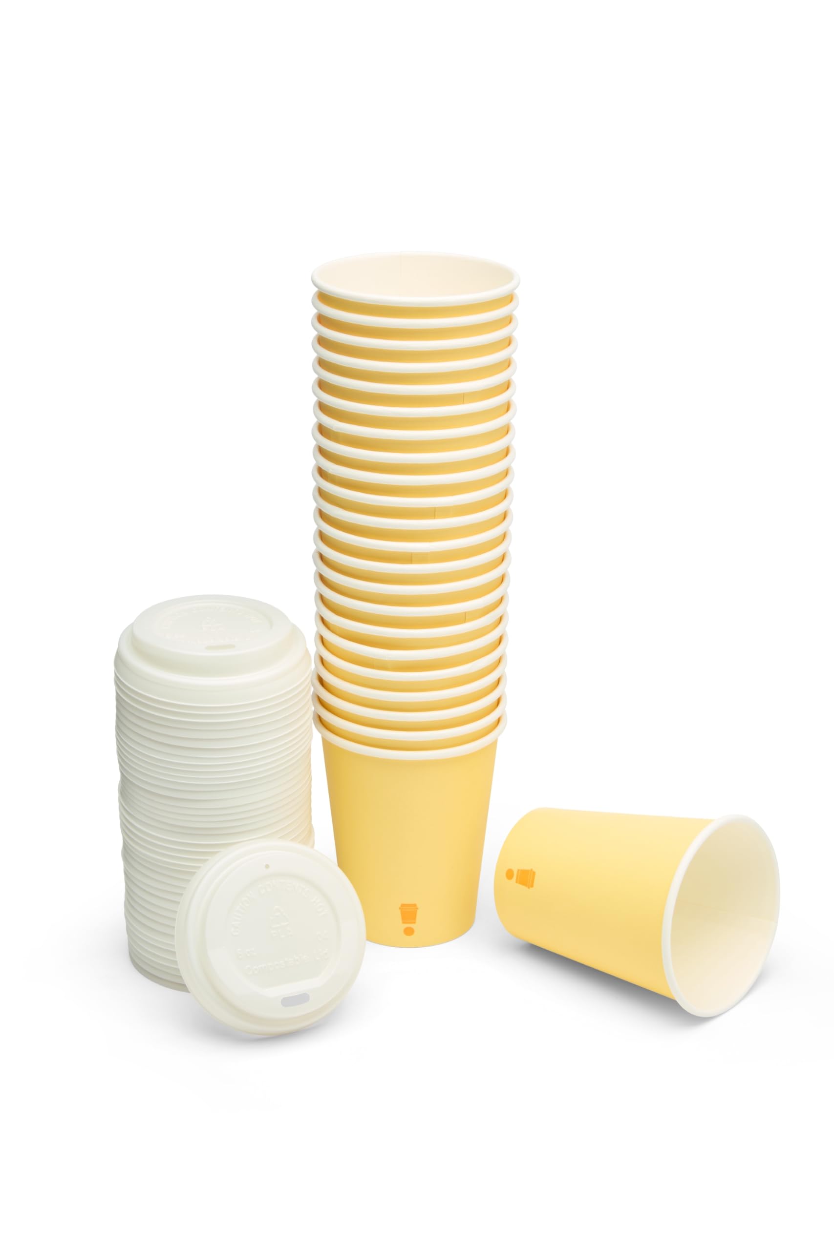 London Coffee Cups 8oz Yellow Disposable Paper Cups with Lids, 100 Pack