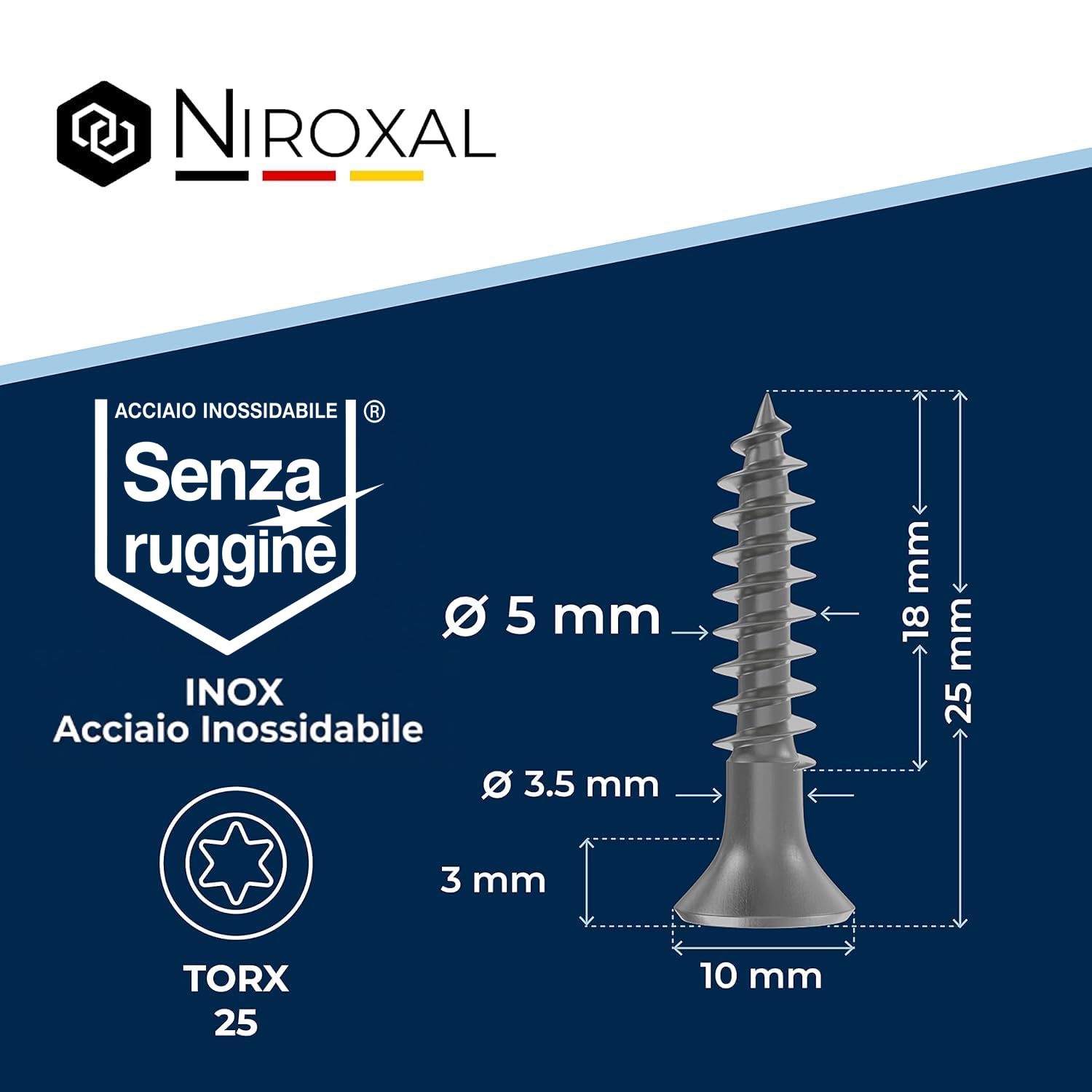 Vite a testa svasata TORX V2A in acciaio inossidabile 5-mm di spessore - Lunghezza della vite di 25-mm - 50 pezzi - Filettatura parziale di 18-mm Vite per legno 5x25