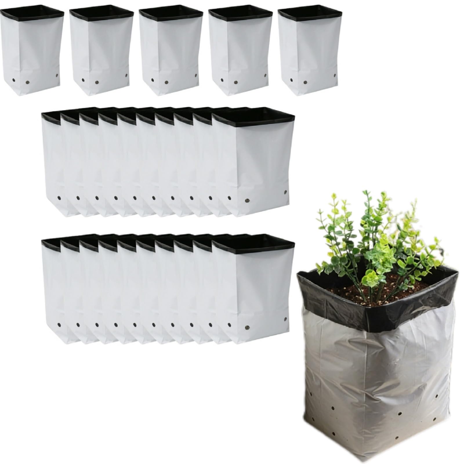 TOP-MAX 25 bolsas de cultivo de plástico con agujeros de drenaje, bolsas de cultivo de plástico transpirable blanco y negro para interiores y exteriores, contenedores de cultivo para verduras, hierbas